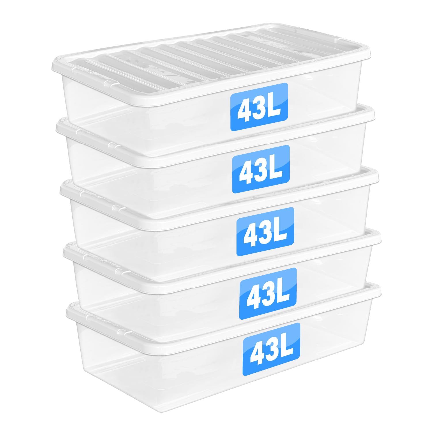 Fine Star Clear Set Of 5 Crystal Plastic Storage Box Boxes With Lids Uk British Made Home Office Stackable Nestable Shoe Boxes (43 Litre Underbed)