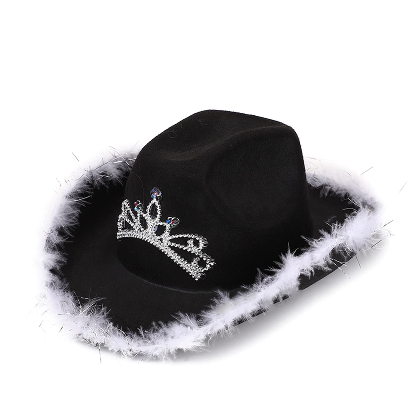 Fiacafyo Women Felt Fluffy Feather Trim Cowboy Hat Wide Brim Fancy Dress Party Cowgirl Hat Halloween Party Fancy Dress Up Cosplay (B-Black, One Size)