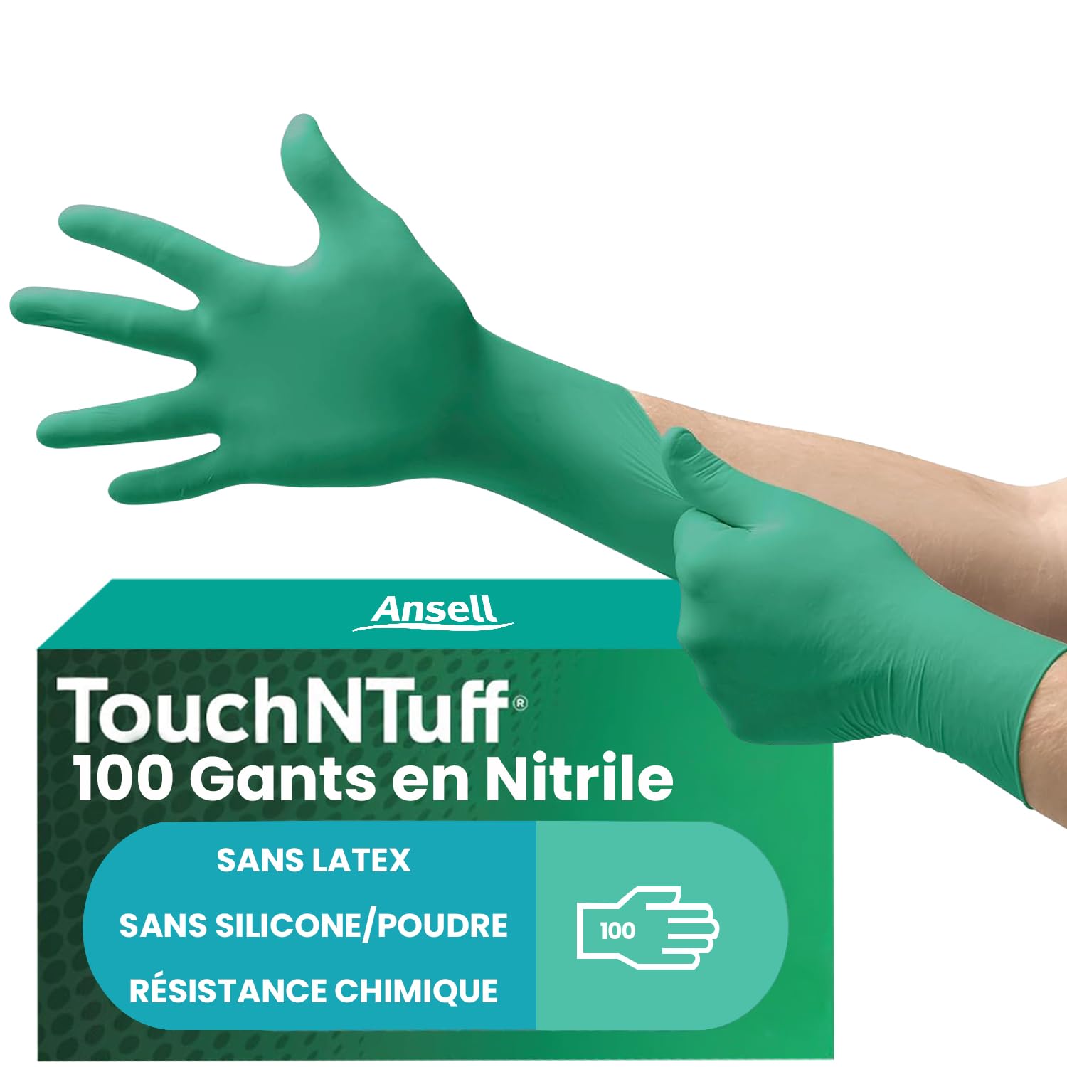 Ansell TouchNTuff 92-600, Gants jetables pour travaux lourds, Gants nitrile contact alimentaire, Gants de protection chimique et mécanique, Sans latex, Boîte de 100 gants en nitrile verts, Taille L