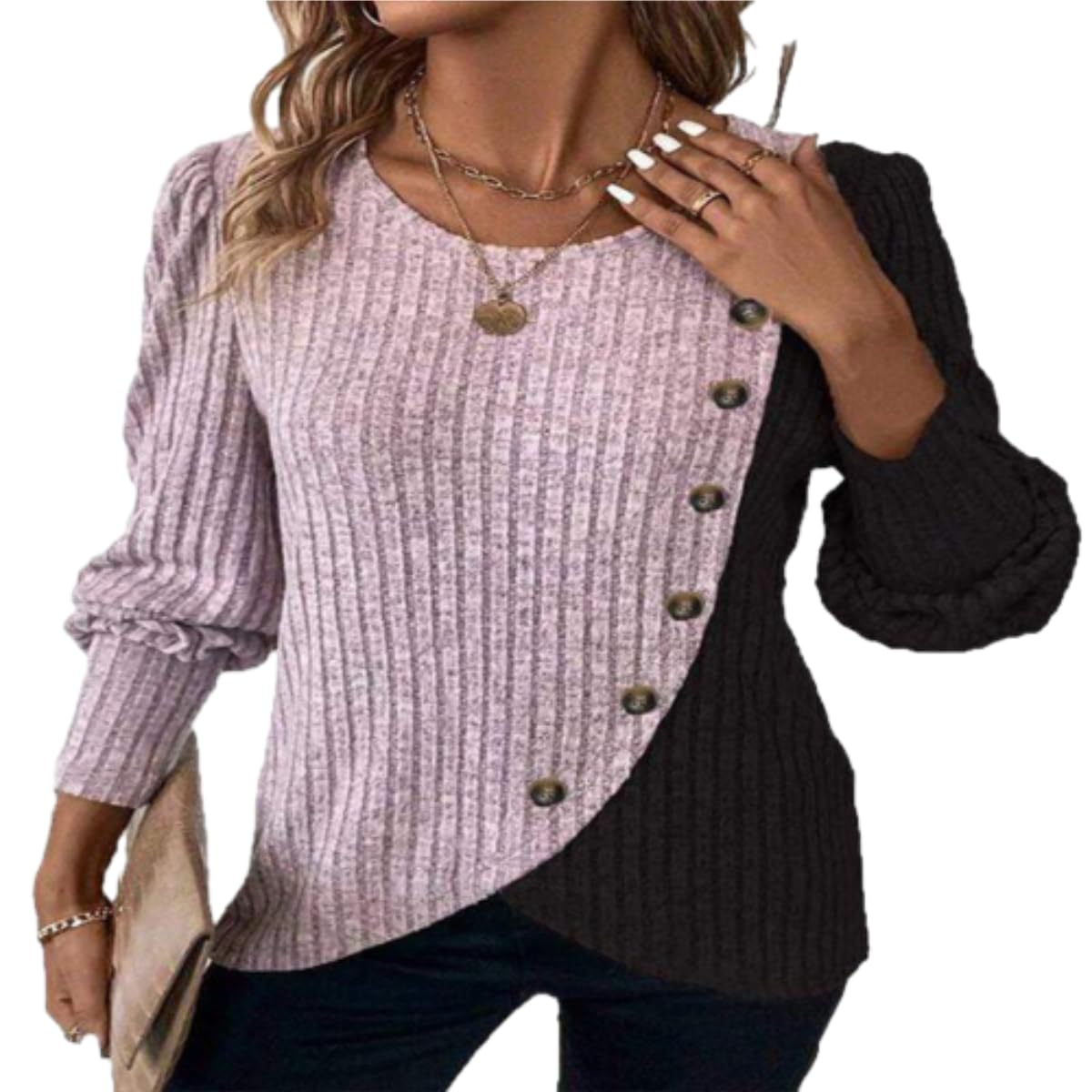 OSCORP Womens Color Block Ribbed Knit Sweater Puff Sleeve Round Neck Pullover with Asymmetrical Button Fall WinteTop