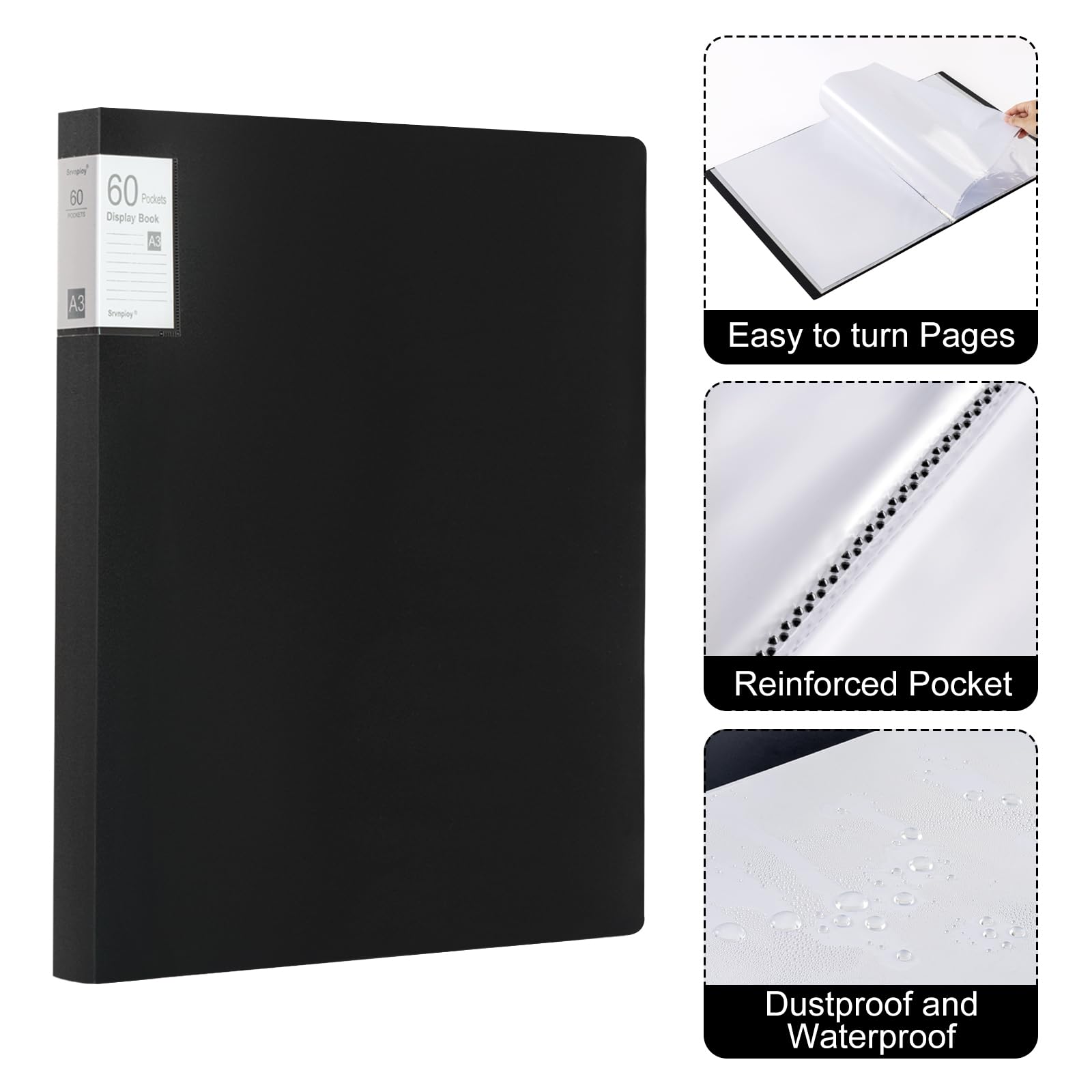 Srvnpioy A3 Display Book 60 Pockets, 2 Pack, 120 Sheet Capacity, Transparent Pockets - Image 4