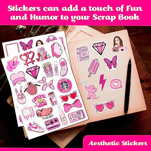 Image of FlyBuyHub Aesthetic Pink Theme Girls Vinyl Journal Stickers for Phone Case, Laptop, Notebook, Dairy, Water Bottle, Etc Self-Adhesive Set of 50 Glossy and Waterproof (Pink Theme)