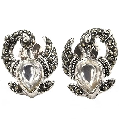 925-92.5 sterling Silver Stud Drop Earring with Real Marcasite & Zirconia stone Fashion Earring for Women and Girls