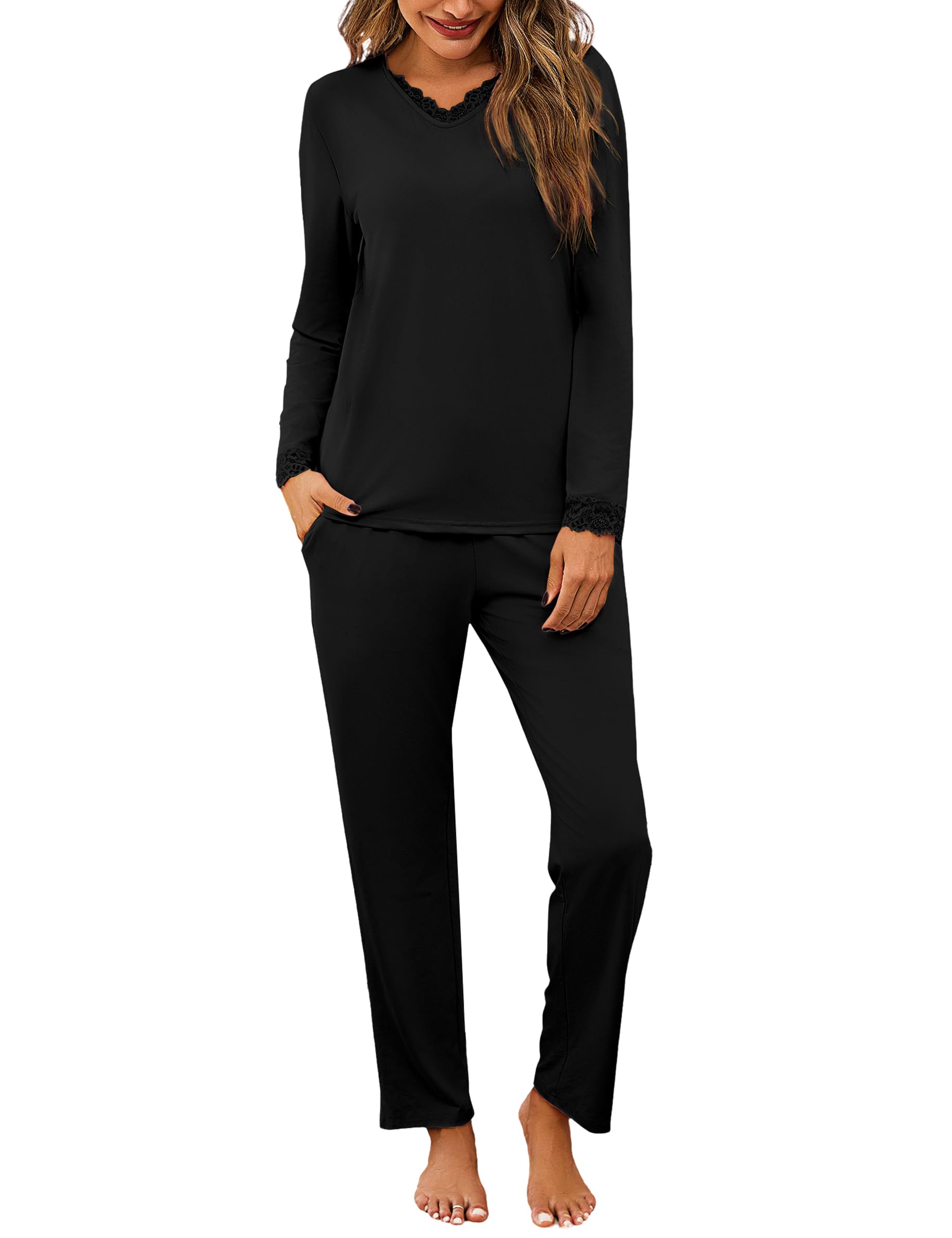 Litherday Schlafanzug Damen Lang Pyjama Set Baumwolle V-Ausschnitt Nachtwäsche Sleepwear Set Zweiteiliger mit Pyjamahose Casual Elastischer Bund