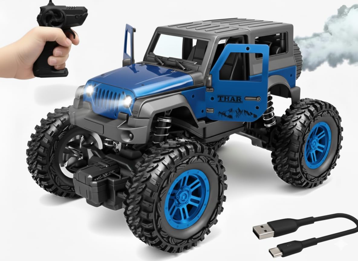 PB Prime Brands Remote Control Off Road Rock Climbing Car for Kids, Rechargeable Thar Toy with Mist Spray, Openable Doors, Front LED, Shock Absorbers, Mobile Connect, USB-C Port & 75ft Range (Blue)