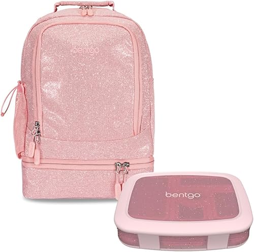 Bentgo Lonchera infantil de 5 compartimentos con mochila 2 en 1 para niños y bolsa de almuerzo aislada (edición con purpurina - rosa pétalo)