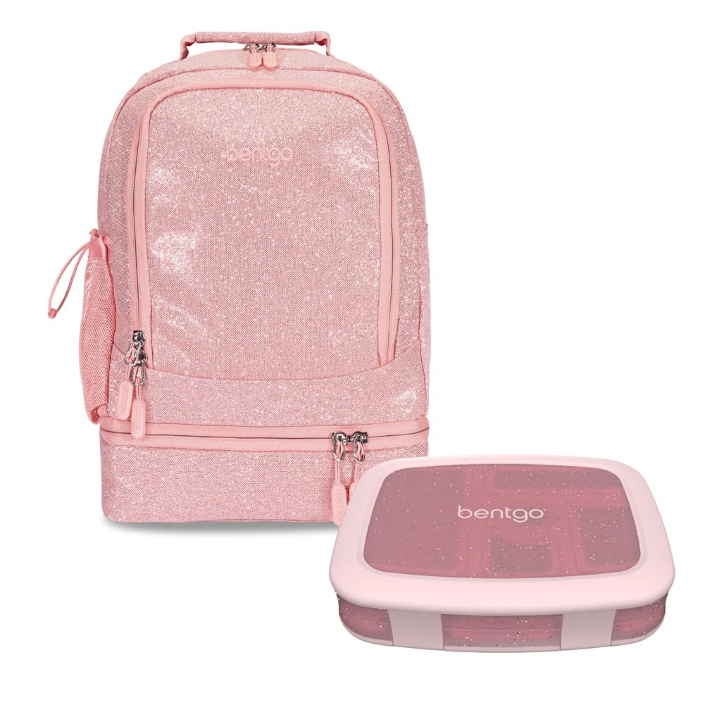 Bentgo Kids 5-Compartment Lunch Box With Kids 2-in-1 Backpack Insulated Lunch Bag Glitter Edition - Petal Pink