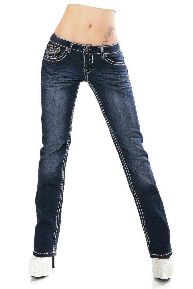 Women's Straight Leg Jeans Stretch Denim Skinny Embroidered Pants Sizes UK 8-16 (10, Dark Blue Washed)