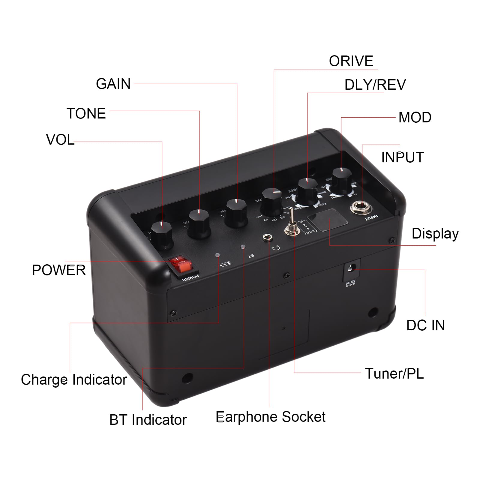 Ampli de Guitare électrique 15 W Haut-Parleur BT sans Fil Ampli de Guitare Acoustique avec Fonction de réglage 8 Effets sonores Batterie Rechargeable 2200 mAh pour l'enregistrement de Pratique