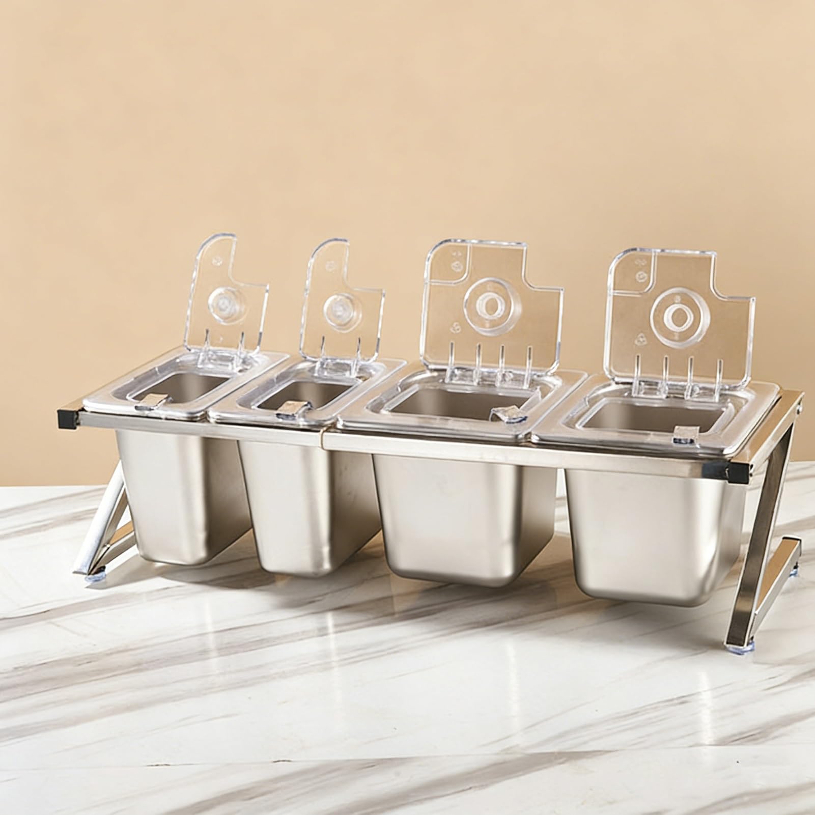 Questa Stazione per condimenti per Pizza con Coperchio Ribaltabile e Set di Palette, Supporto Organizer per spezie in Acciaio Inossidabile, Porta guarnizioni Inclinato da banco per Salse, ma