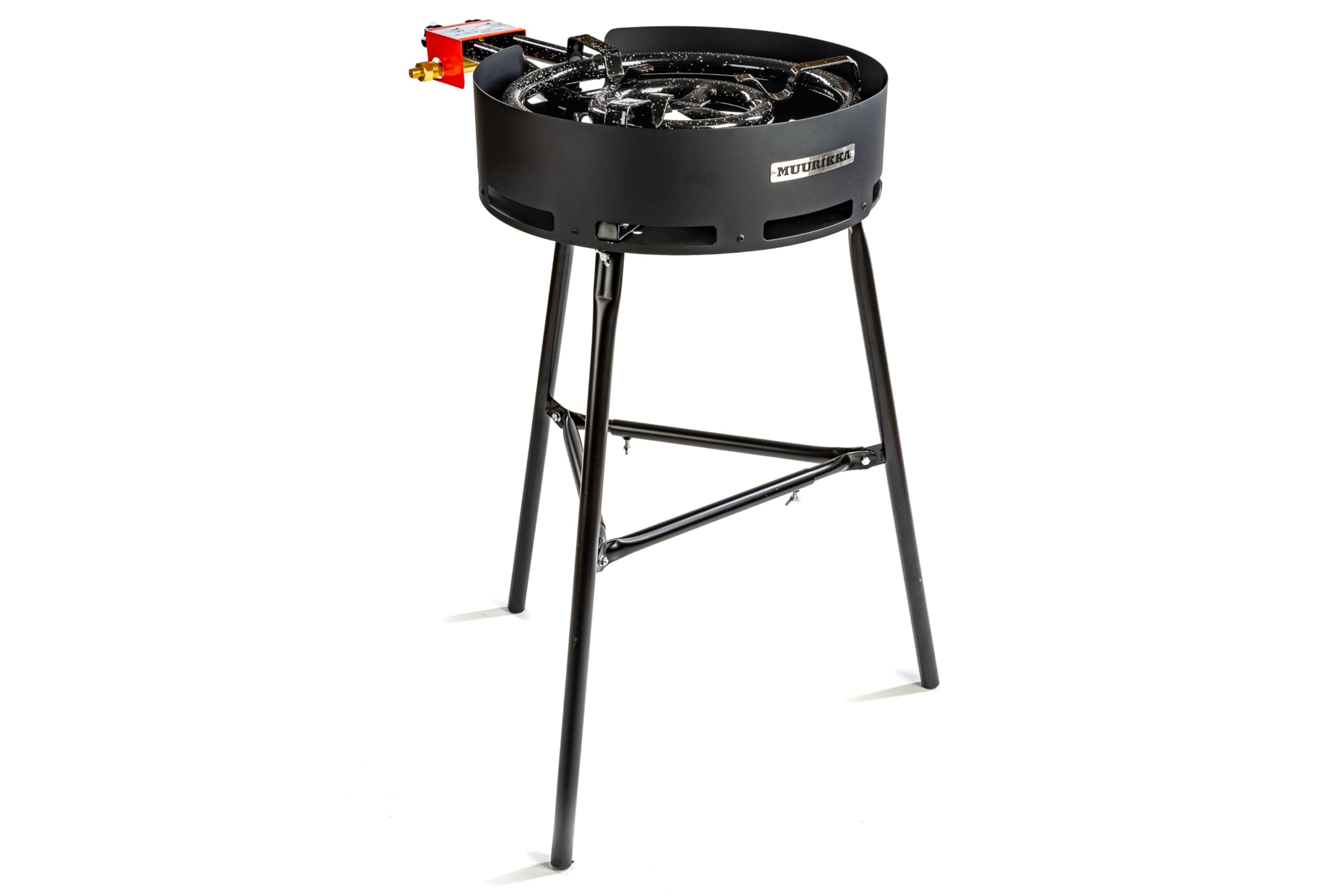 MUURIKKA Outdoor-Kochset, Gasbrenner D-350, 35cm, 2-Brennringe (mit langen Beinen, Windschutz, separat regulierbar, für Wok, Grillplatte & Paella, emailliert) mit Muurikka Grillpfanne 48