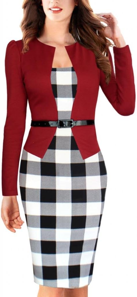 VfEmage Women's Patchwork Tunic Wear To Work Pencil Sheath Dress Red1 L1