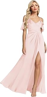 MYDRESS Off The Shoulder Bridesmaid Dresses with Slit Satin A Line Long Formal Dresses