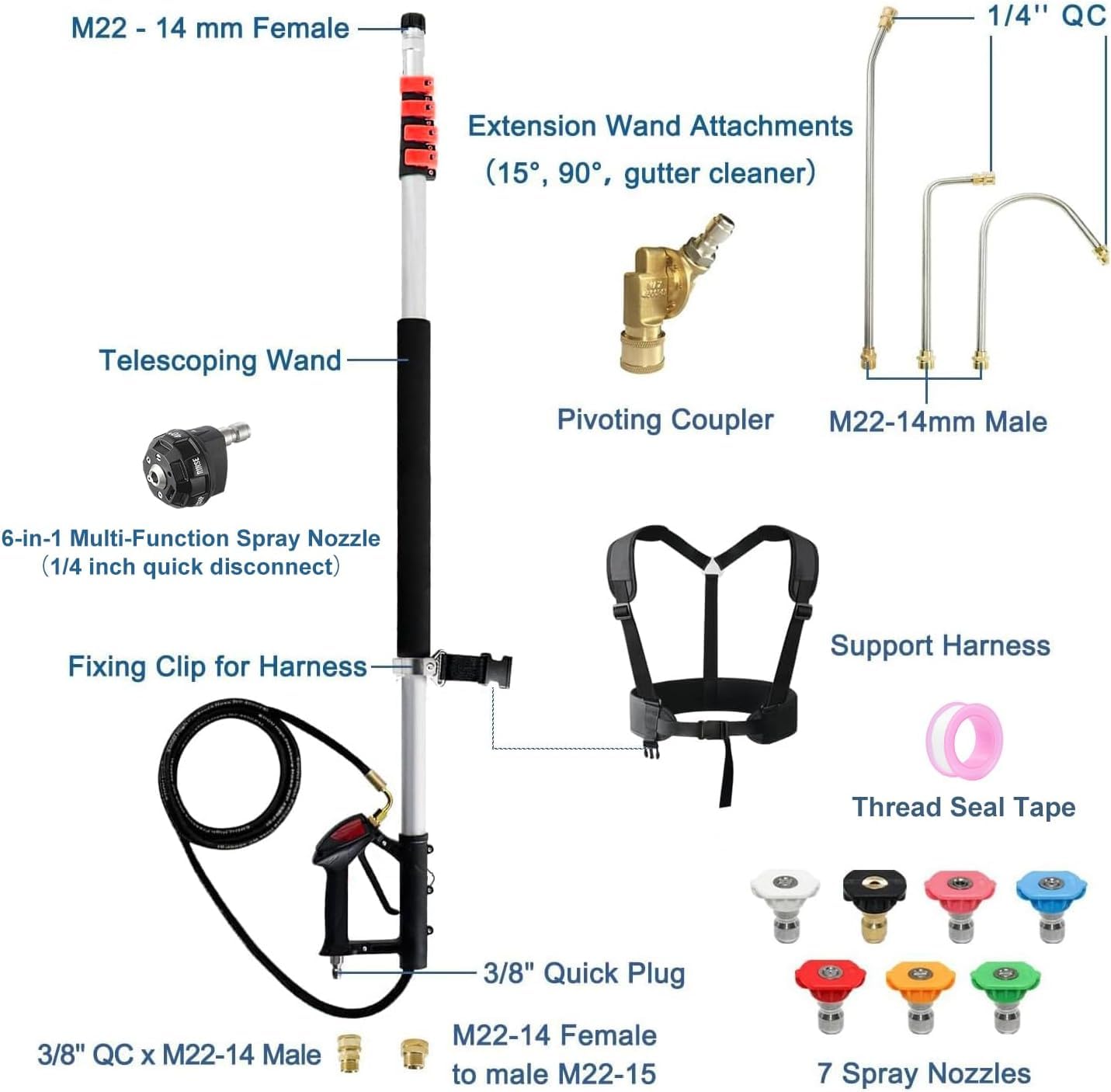 HoldOneLight Vara Telescópica de 25.5FT para Hidrolimpiadora, Kit Limpiador de Canalones con Boquillas 6 en 1, Acoplamiento Pivoteante, Adaptadores de Manguera y Arnes de Soporte