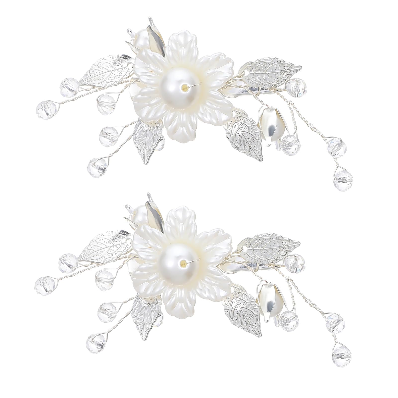 Photo 1 of 2PCS Flower Hair Clips for Girls Women, White Hairclip Bridal Ivory Floral Silver Leaf Vine Pieces, Bridal Barrettes, Pearl Hairstyle Flower Girl Hair Accessory