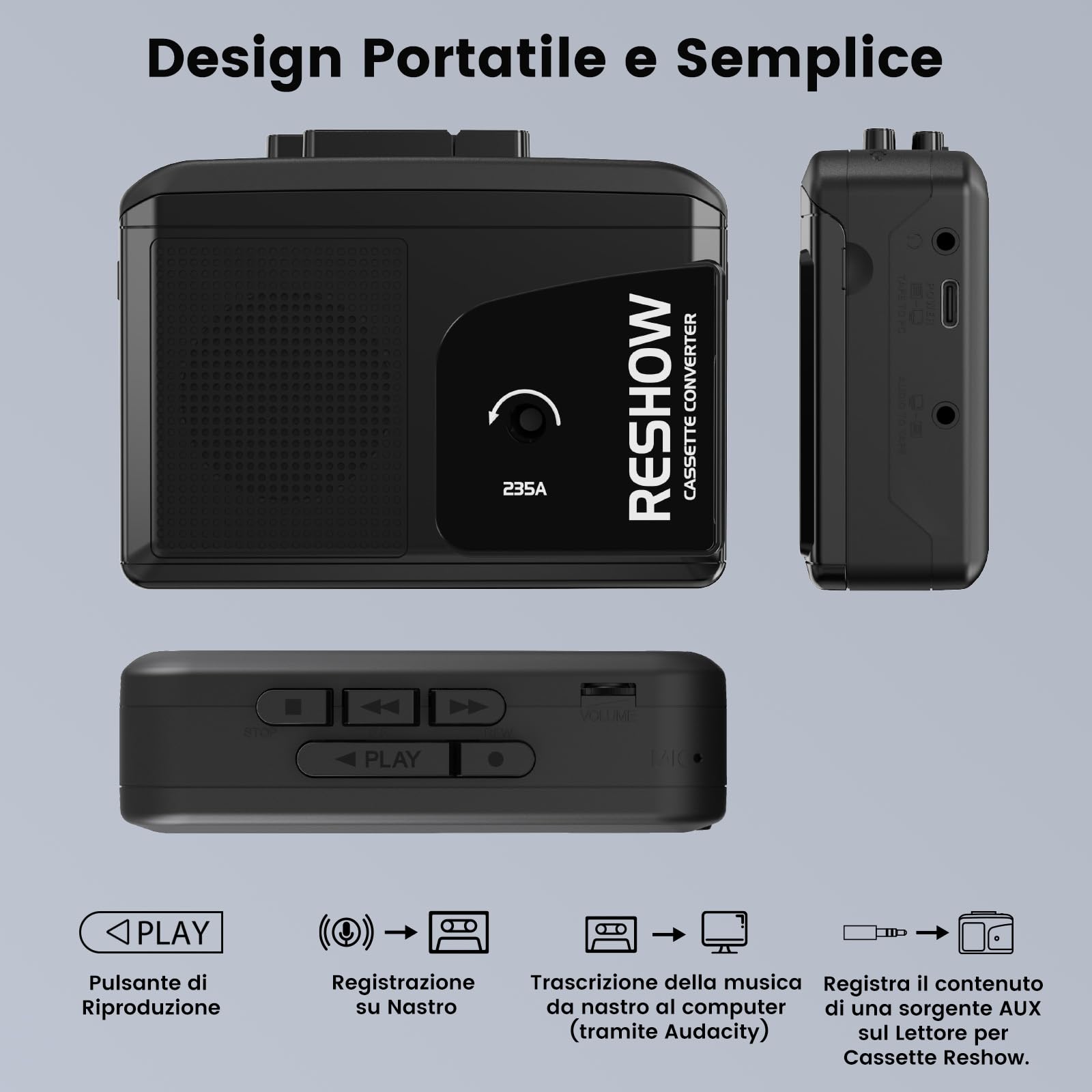 Reshow Lettore di cassette portatile con altoparlante integrato e jack per cuffie, convertitore USB a MP3, lettore di conversione digitale con suono stereo completo - nero