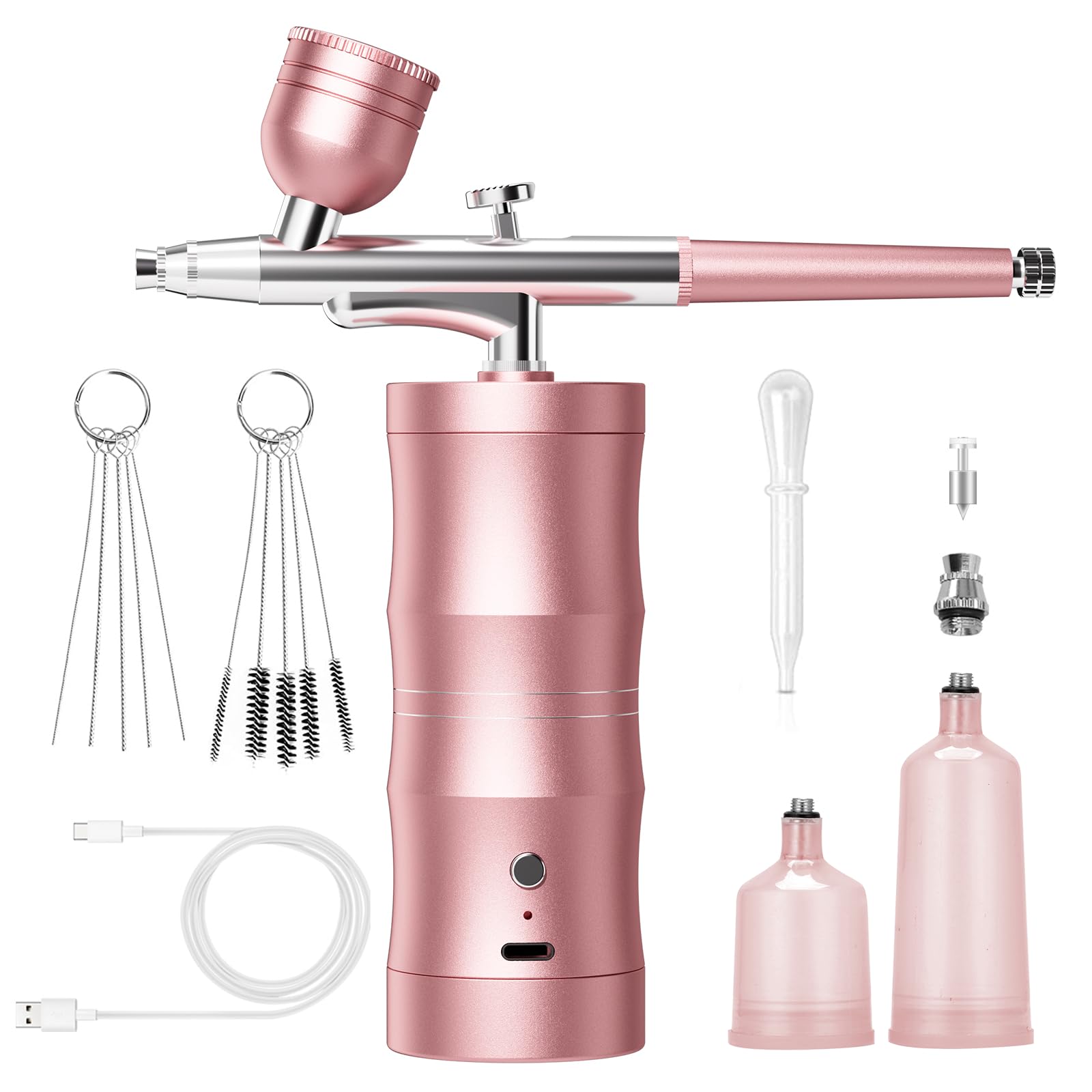Airbrush-Set mit Kompressor, tragbares Airbrush-Set, 48 PSI, Hochdruck-Luftbürsten-Set, kabellos, wiederaufladbar, mit 0,3 mm Düse und Reinigungsbürste für Malerei, Nagelkunst, Make-up (Rosa)