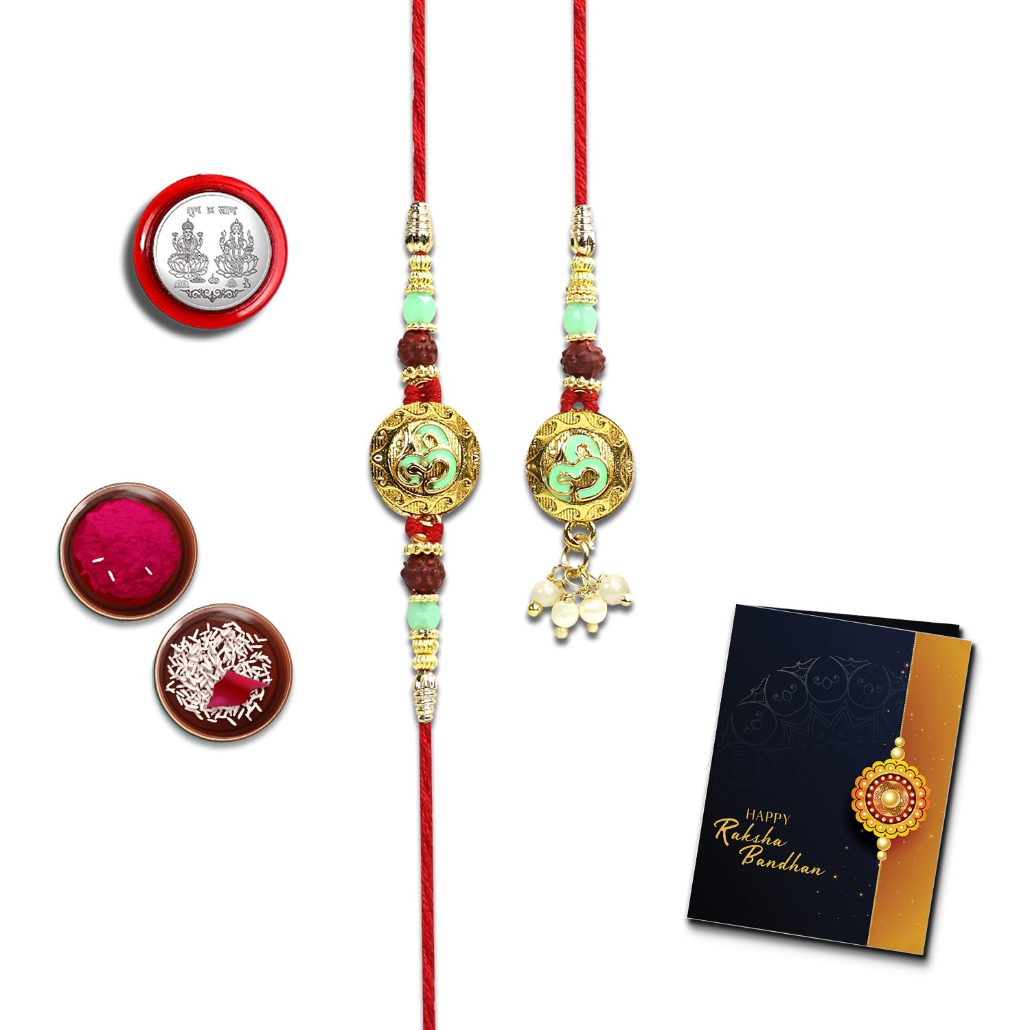 oblivion Rakhi Set for Bhai and Bhabhi –Om design for Bhai 1 Pc and Lumba for Bhabhi 1 Pc – Silver Color Pooja Coin and Greeting Card Combo-picture-28