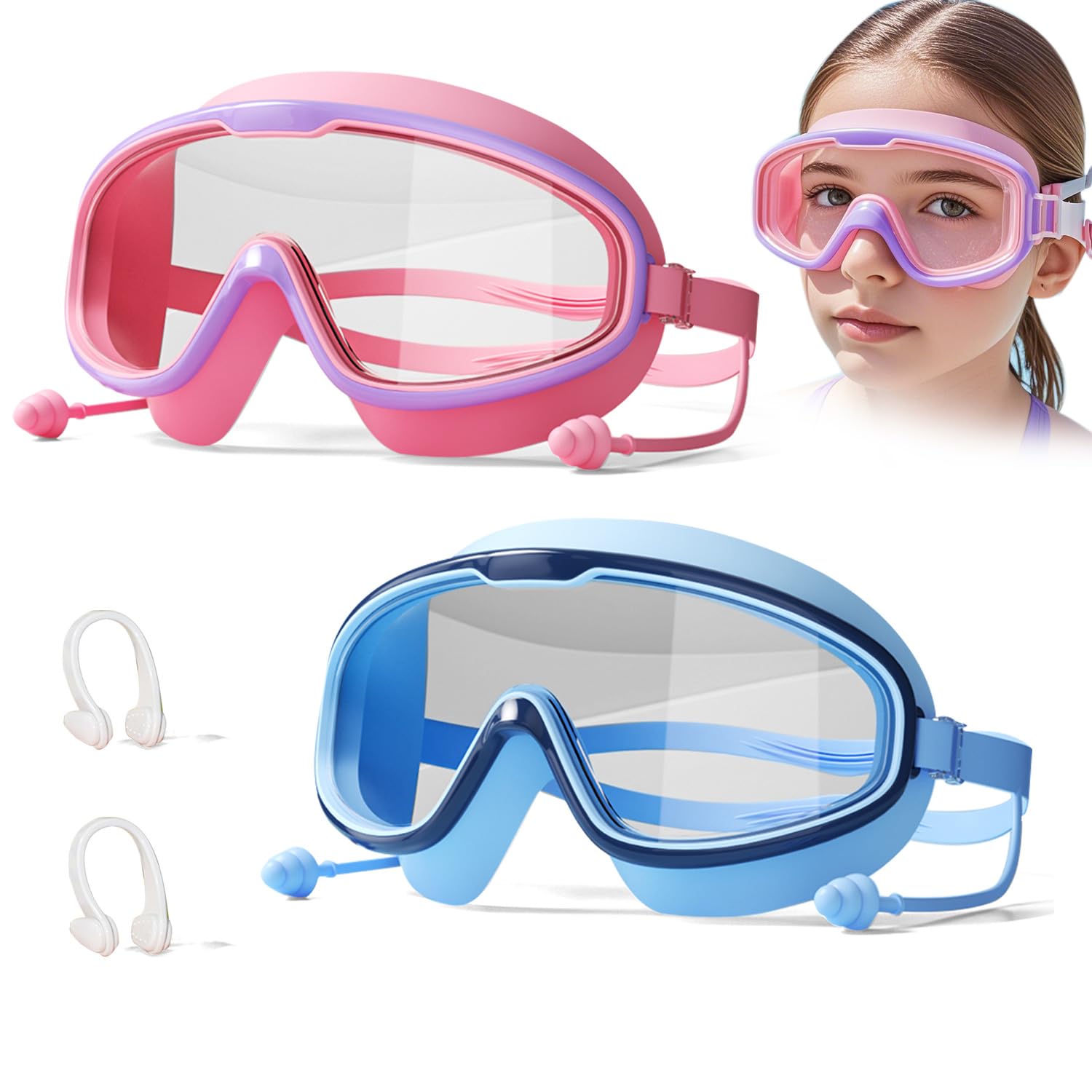 FEELNOW Favorabler Goggles,HD Children's Large Frame Waterproof and Anti-Fog Swimming Goggles,Complete with Nose Cover for Ages 3-16(2, Blue+Pink)