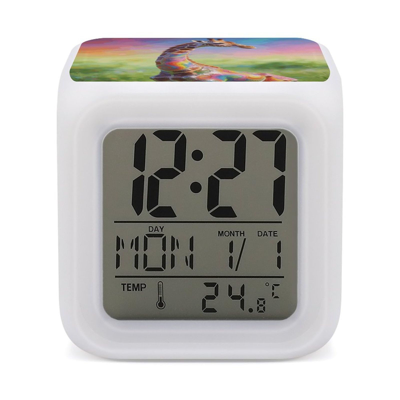 LZQPOEAS Colorful Artistic Giraffe Alarm Clock with 7 Color Changing Nightlight for Bedroom Calendar Temperature Display Wake Up Digital Clock Small Desk Clocks for Heavy Sleepers Adults
