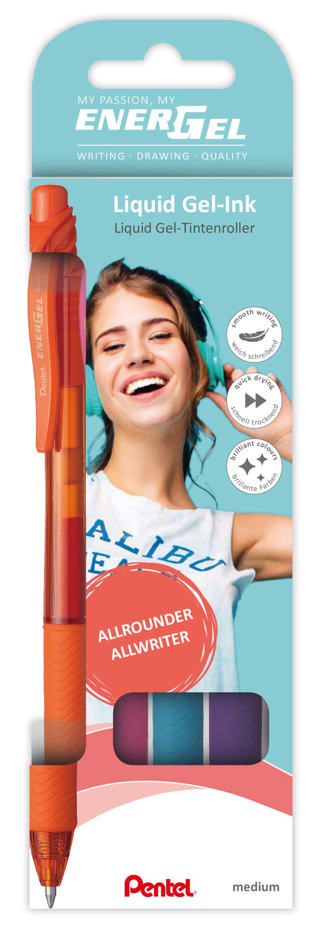 Pentel BL107 Energel X 0.7 mm Retractable Pen 4 Stück Sortiert Orange/Pink/Hellblau/Violett