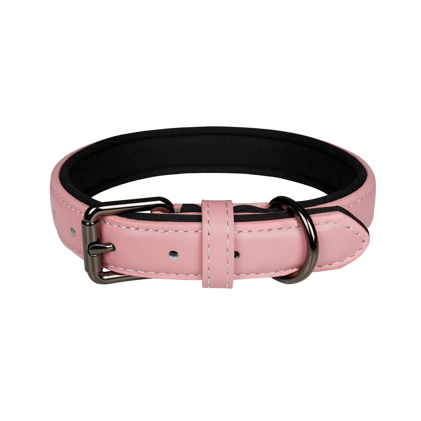 OFHome Pink Leather Dog Collar Soft Padded Comfortable Adjustable Wider and Thicker Pet Collars Best for Small Medium Large Dogs with Heavy Duty Buckle, M