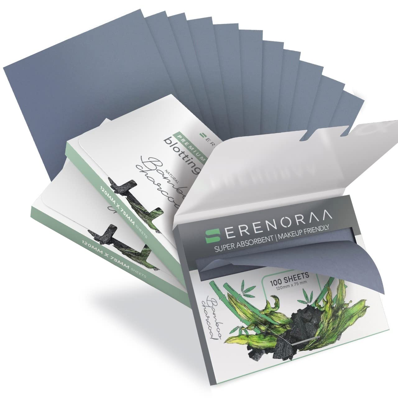 Serenoraa Oil Blotting Sheets for Face Pack of 3 (300 Wipes) - Quality Natural Bamboo Charcoal, with Extra Large Blotting Paper for oily skin to Reduce Skin Acne –Makeup Friendly, Thick & Portable