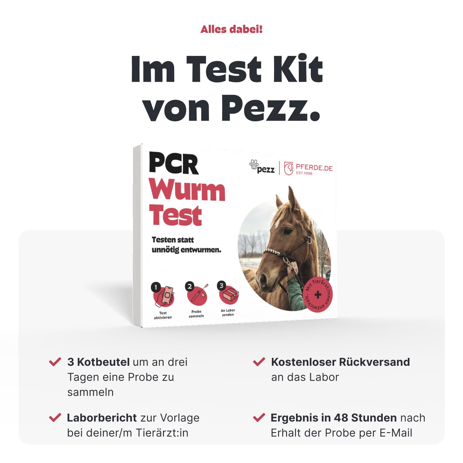 PEZZ PCR Wurmtest für Pferde | 11 häufigsten Würmer & Parasiten | Giardien, Bandwürmer, Spulwürmer, Strongyliden etc. + McMaster-Eizählung | Befund inkl. CT-Wert per E-Mail | gratis Labor-Versand