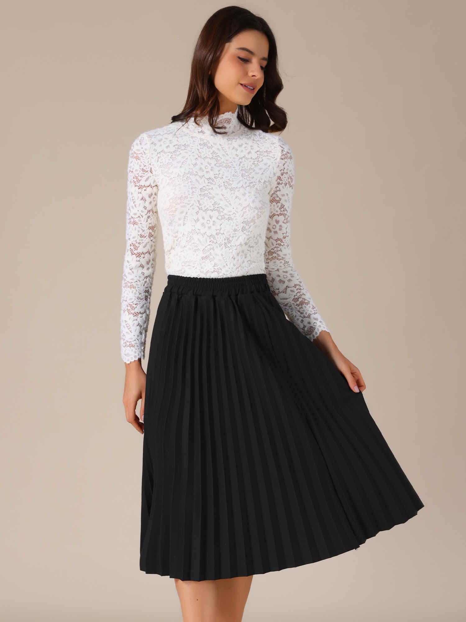 Allegra K Falda plisada para mujer, cintura alta, elástica, acampanada, casual, holgada
