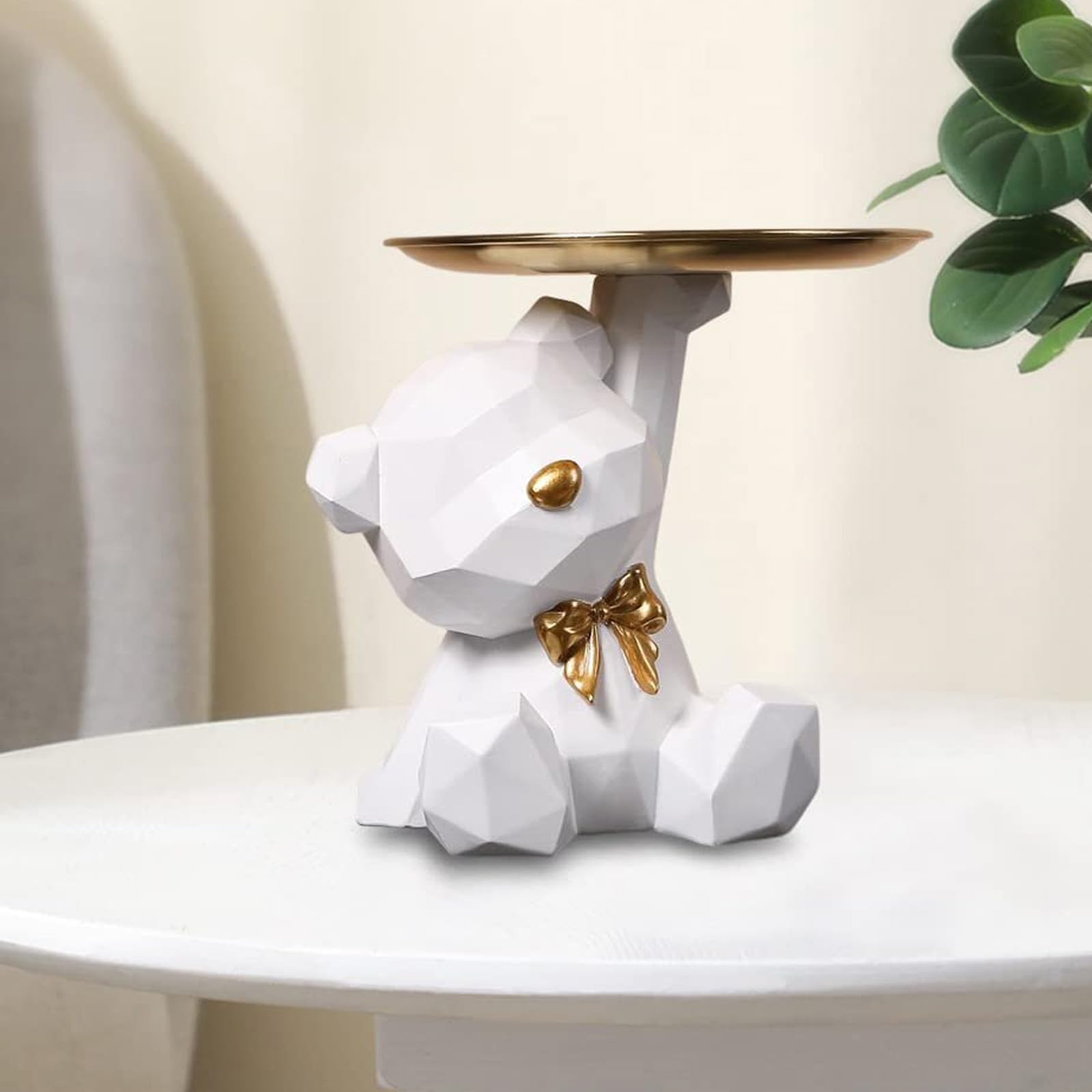 Sculpture d'Ours en Résine Plateau Décoratif, Statue de Rangement Mignon (Blanc)