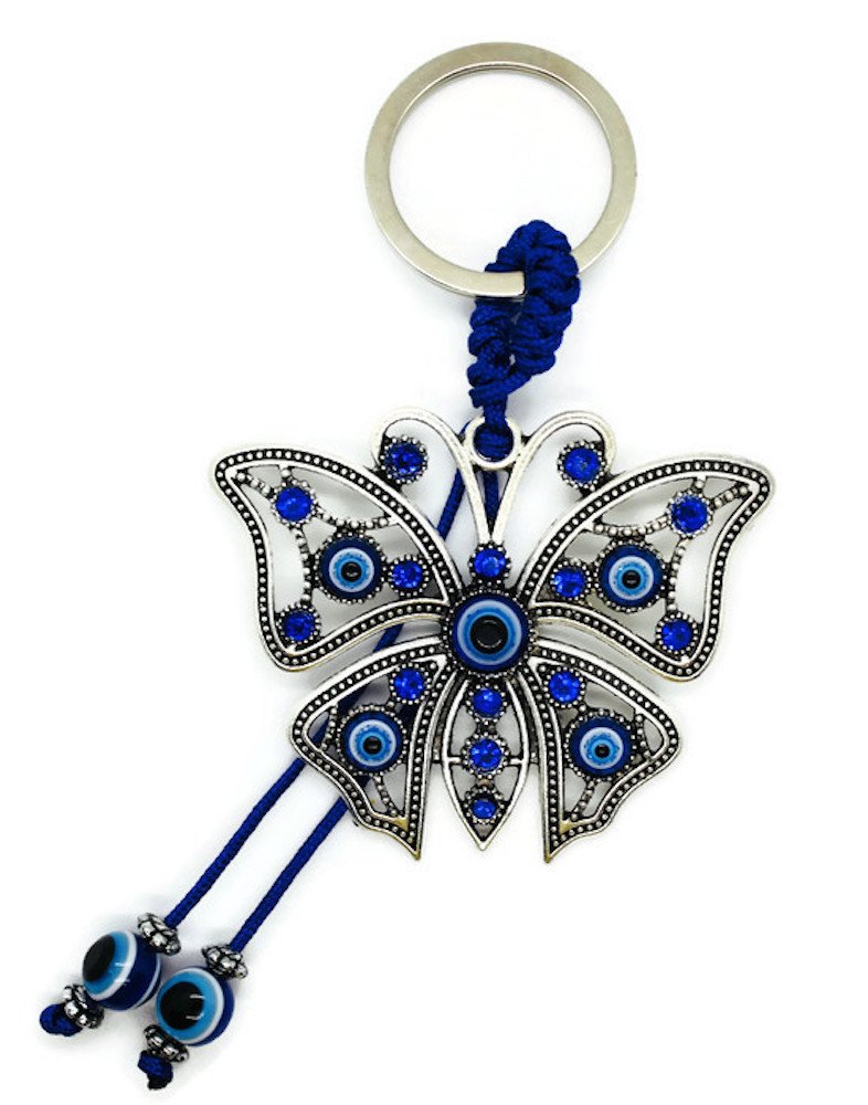 Lucky Evil Eye Car Hanging Ornament & Keychain - Silver Metal Butterfly w/Blue Crystal Rhinestones & Blue, White & Black Resin Evil Eyes Beads - Rear View Mirror Accessories for Men & Women