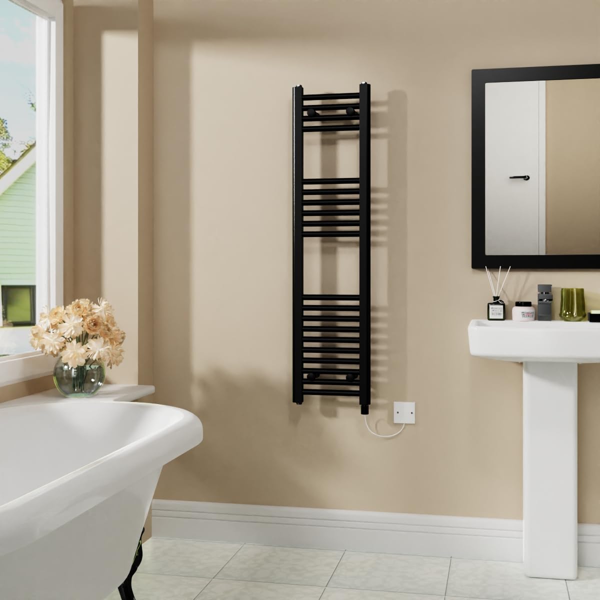 Warmehaus 600W Electric Heated Towel Rail Radiator Black - 1200x300mm