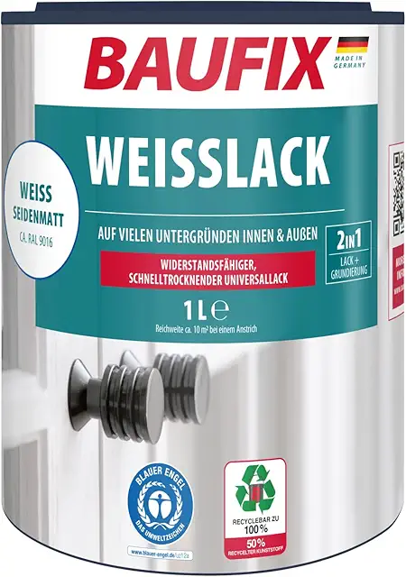 Peinture Blanche BAUFIX 2en1 Satinée Mate - 1L - Intérieur & Extérieur - Bois, Béton
