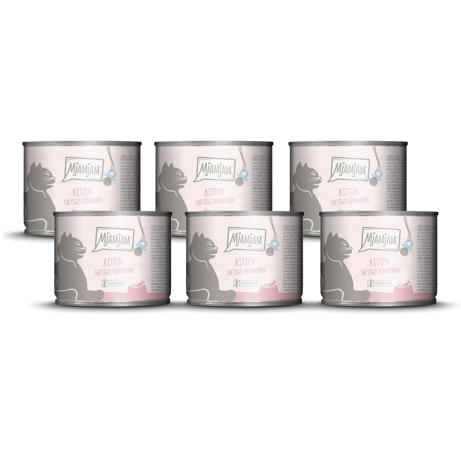 MjAMjAM - Premium Nassfutter für Katzen - Kitten saftiges Hühnchen mit Lachsöl, 6er Pack (6 x 200 g), getreidefrei mit extra viel Fleisch