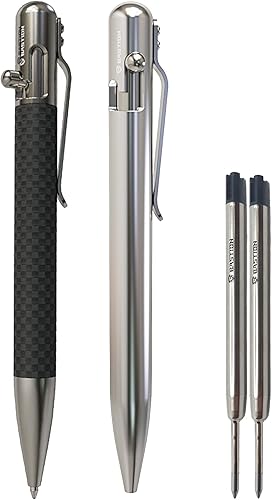 BASTION Bolígrafos Bolt-Action con 2 cartuchos de tinta negros adicionales, fibra de carbono, acero inoxidable, juego de regalo combinado, bolígrafo