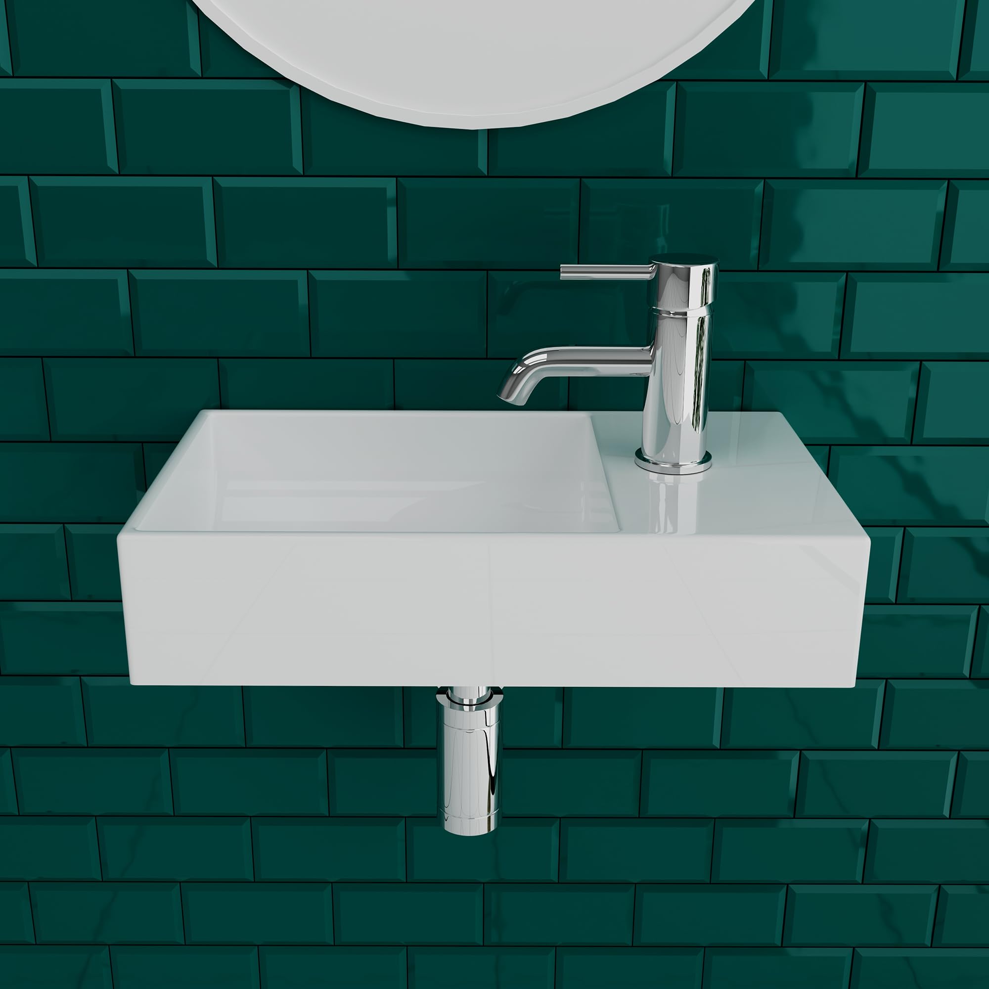 Alpenberger Mini Waschbecken Eckig | Badwaschbecken aus Sanitärkeramik mit Links Becken | Gästeklo Waschbecken zur Wandmontage | Badezimmer Waschtisch Rechteckig in Weiß mit Ablagefläche Rechts