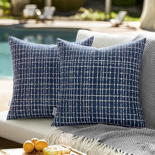 EMEMA Outdoor Waterproof Throw Pillow Covers Pack of 2 18x18 Inch Weaving Texture Outside Decorative Cushion Covers for Garden Patio Tent Balcony Bench Tent Couch Sofa Navy