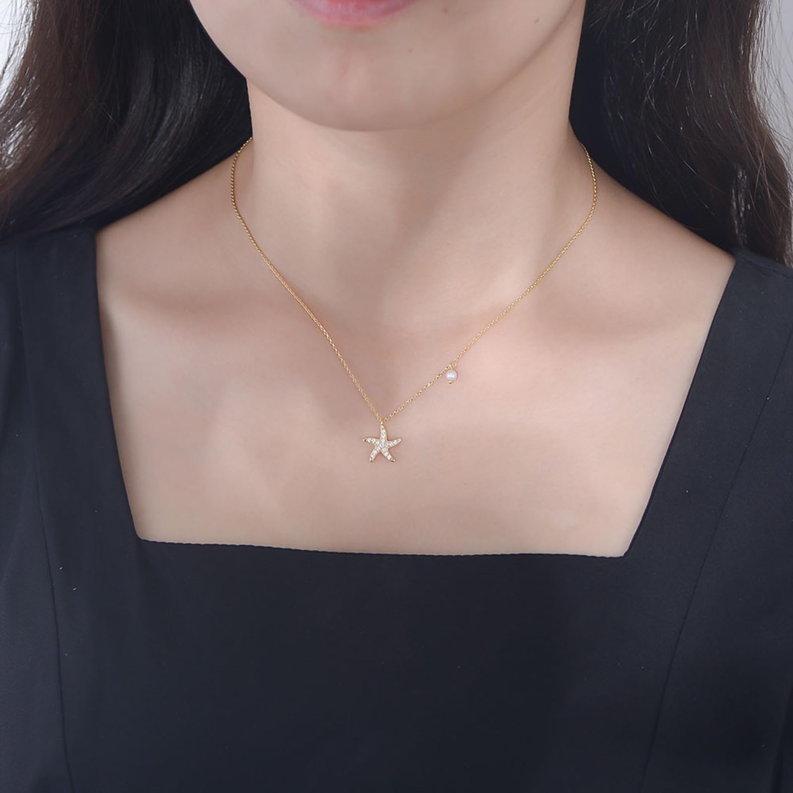 Collar con colgante de moissanita para mujer, oro amarillo de 9 quilates, 14 quilates, 18 quilates, 12,3 mm, con colgante de estrella de mar y perla, cadena Rolo: 40 + 5 cm