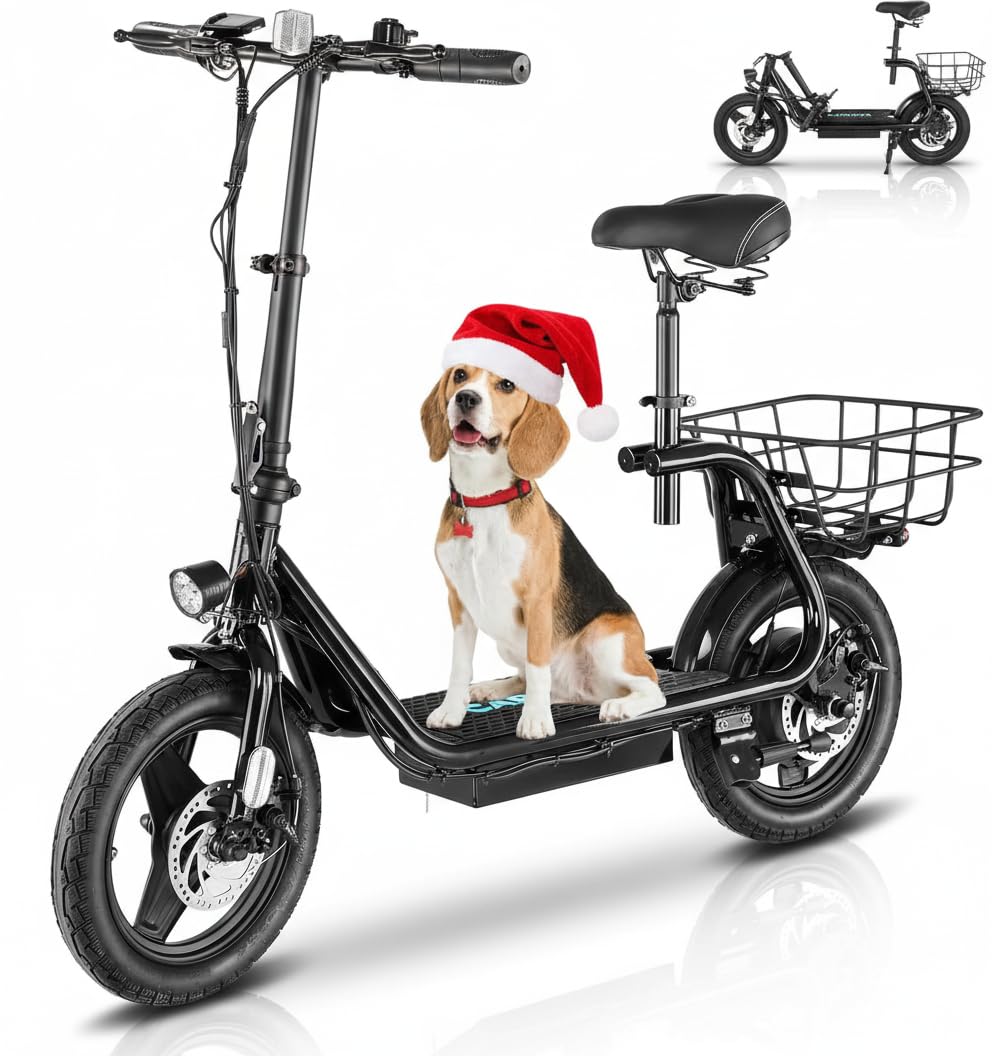 Caroma Electric Scooter with Seat for Adults, Max 30Miles Ranges&20Mph, 500/800/1200W Motor, 14/20" Fat Tire Foldable E-Scooter with Basket for Pets & Cargo, 300lbs Max Load