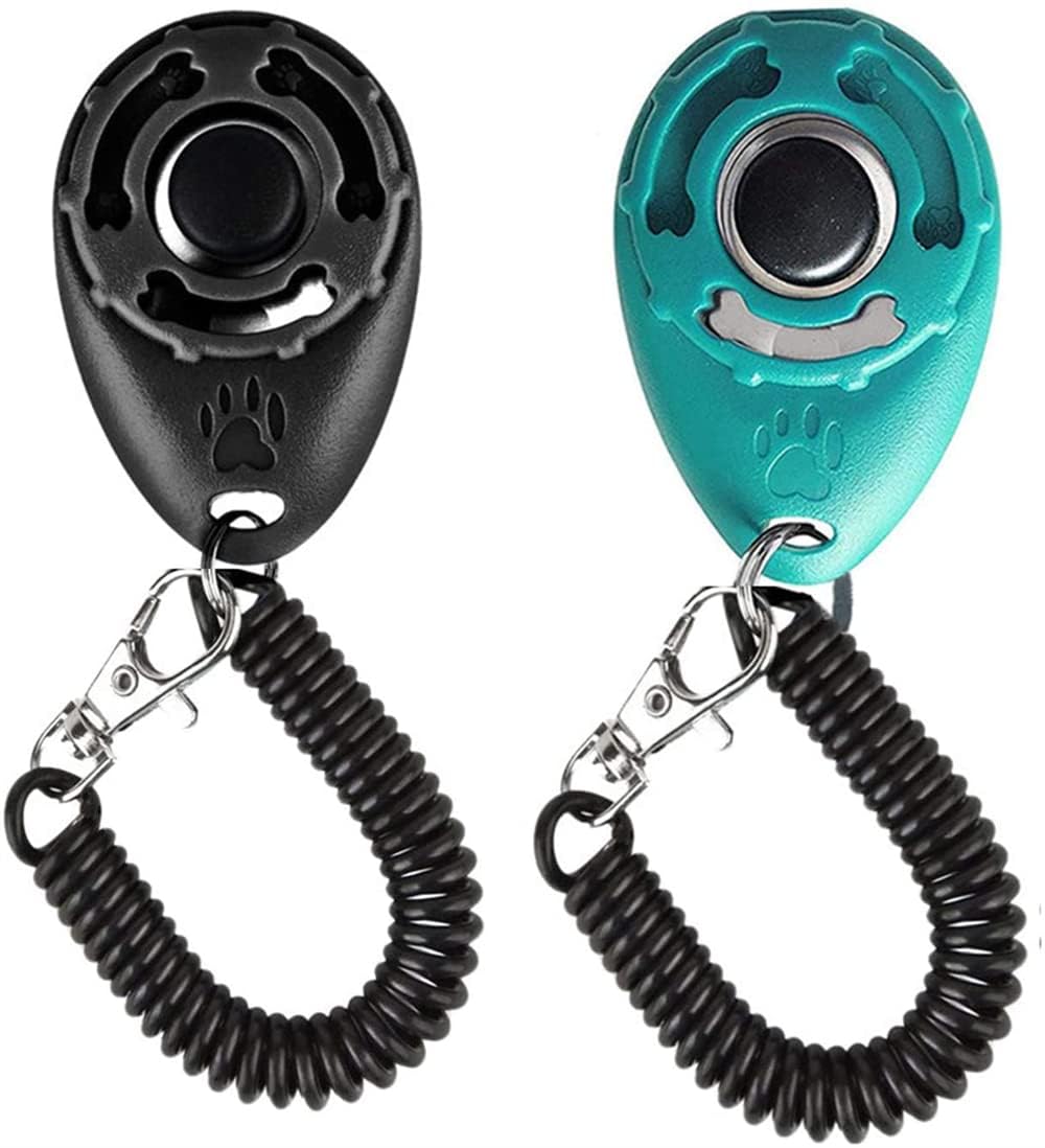 KhaznaPet Trainer, 2 Pack Dog Training Clicker with Wrist Strap, Pet Training Clicker with Big Button Effective Behavioral Training Tool for Cats Birds Puppy Recall (Blue and Black)