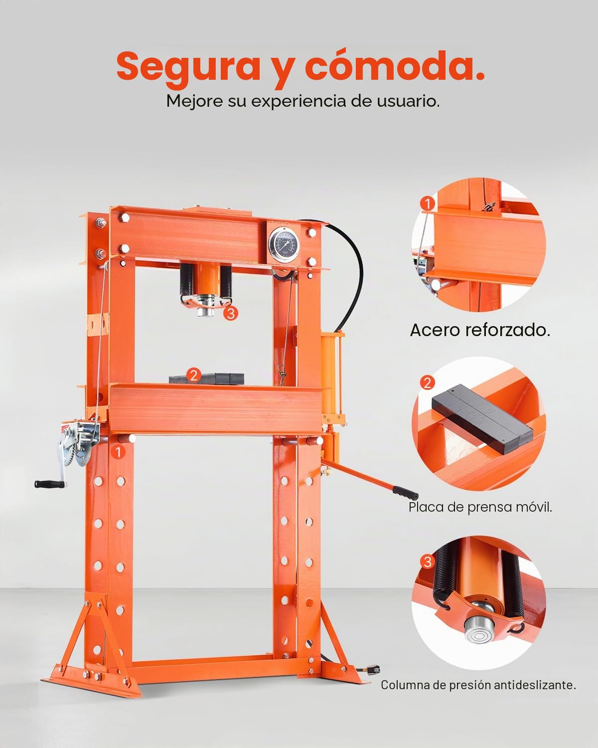VEVOR Prensa Hidráulica de Taller, con Marco en H de 50 T con Placa de Prensa y Soporte Triangular, para Piso de Garaje Estable con Válvula Alivio, Apta para Doblar y Enderezar, 1380 x 800 x 1735 mm