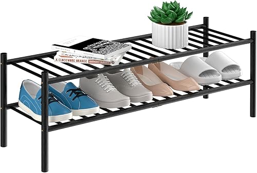 Zapatera larga de bambú de 2 niveles, estante de madera para zapatos, organizador de almacenamiento para armario, entrada, apilable, 35 x 11 x 13