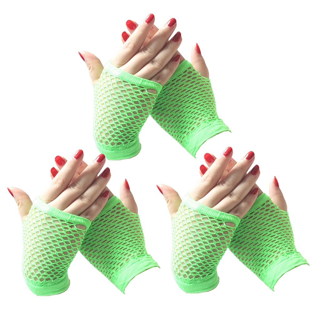 3 Pairs Short Fishnet Gloves Fingerless Fishnet Gloves for Women Girls 80s Costume Accessory Party Supplies (Green)