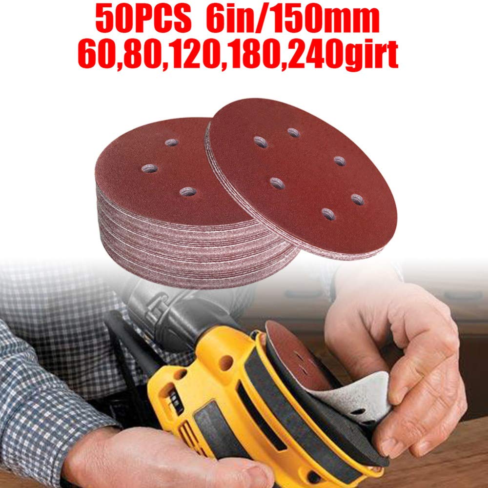 50 sztuk 6 Cal 150mm okrągły papier ścierny 6 otwór dysku arkusze piasku 60/80/120/180/240Grit hak i pętla ścierna tarcza ścierna do polerowania, 60,240 grit