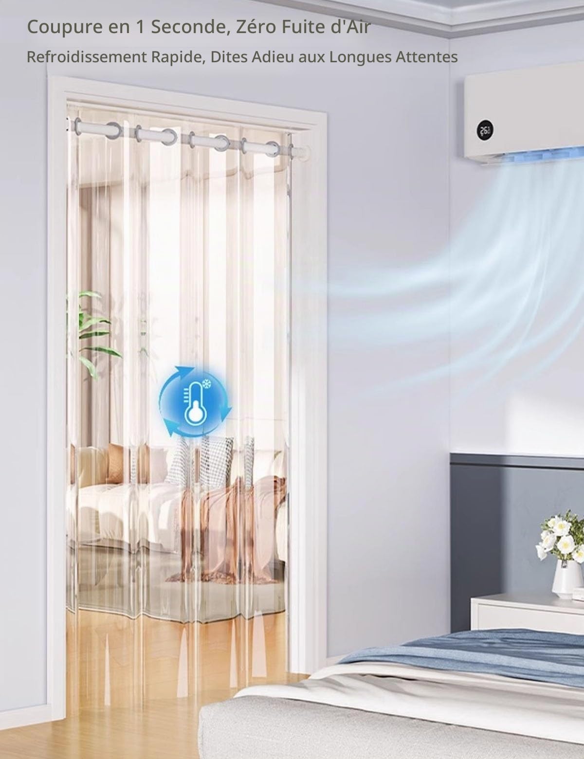 Rideau de Porte Thermique Anti Chaleur Porte D'entrée Isolant Anti Froid et Chaleur, Rideaux de Porte Thermiques avec Tige Télescopique, PVC Transparente Rideau pour Climatiseur