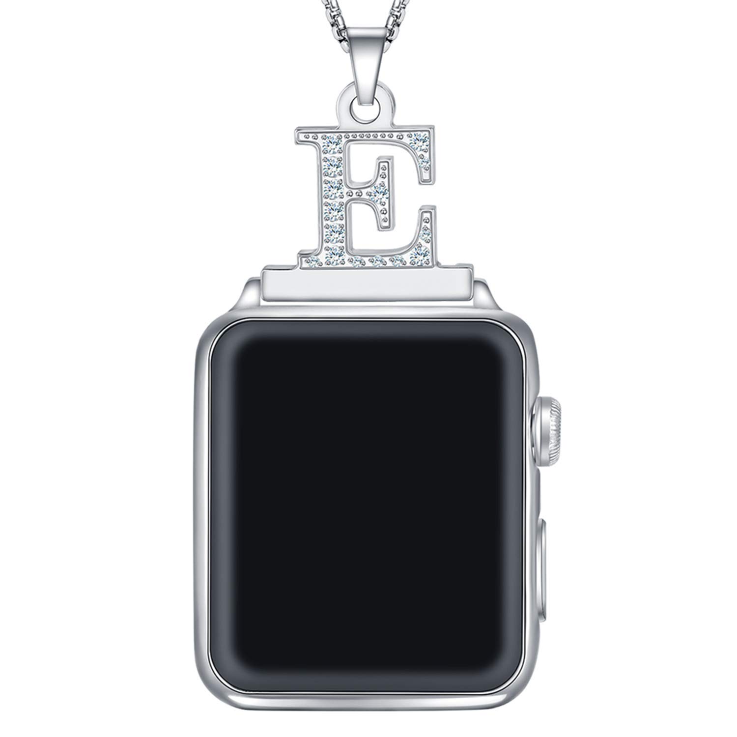 Callancity crystal diamond Alphabet Letter A-Z Necklace Pendant Watch Connector Adapter 2in1 Stainless Steel Platinum Plated Box Chain Compatible for Apple Watch Series 5/4/3/2/1 38mm 40mm