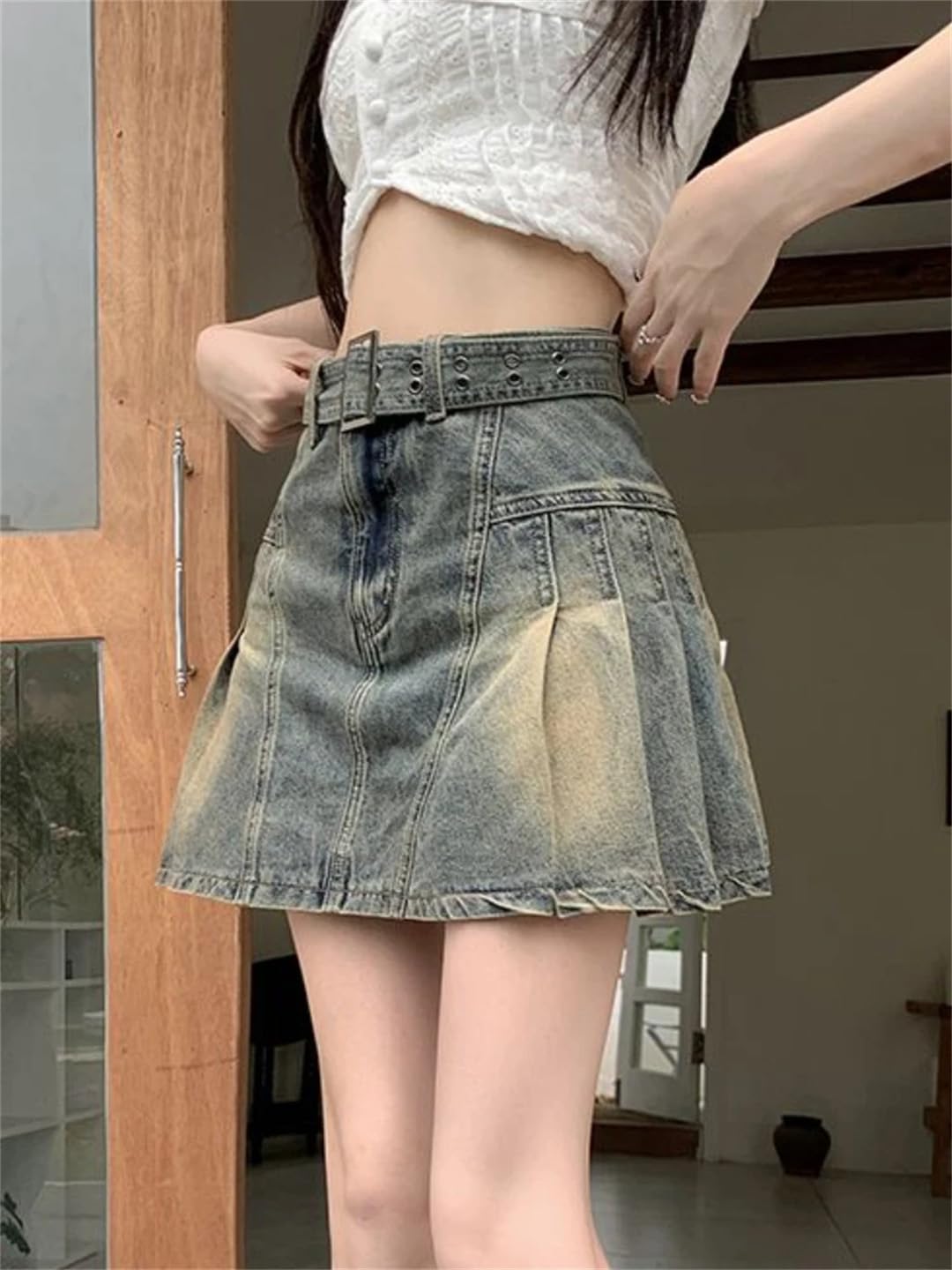 Gonna da donna a vita alta, linea a trapezio, stile vintage, con fusciacche in denim, streetwear