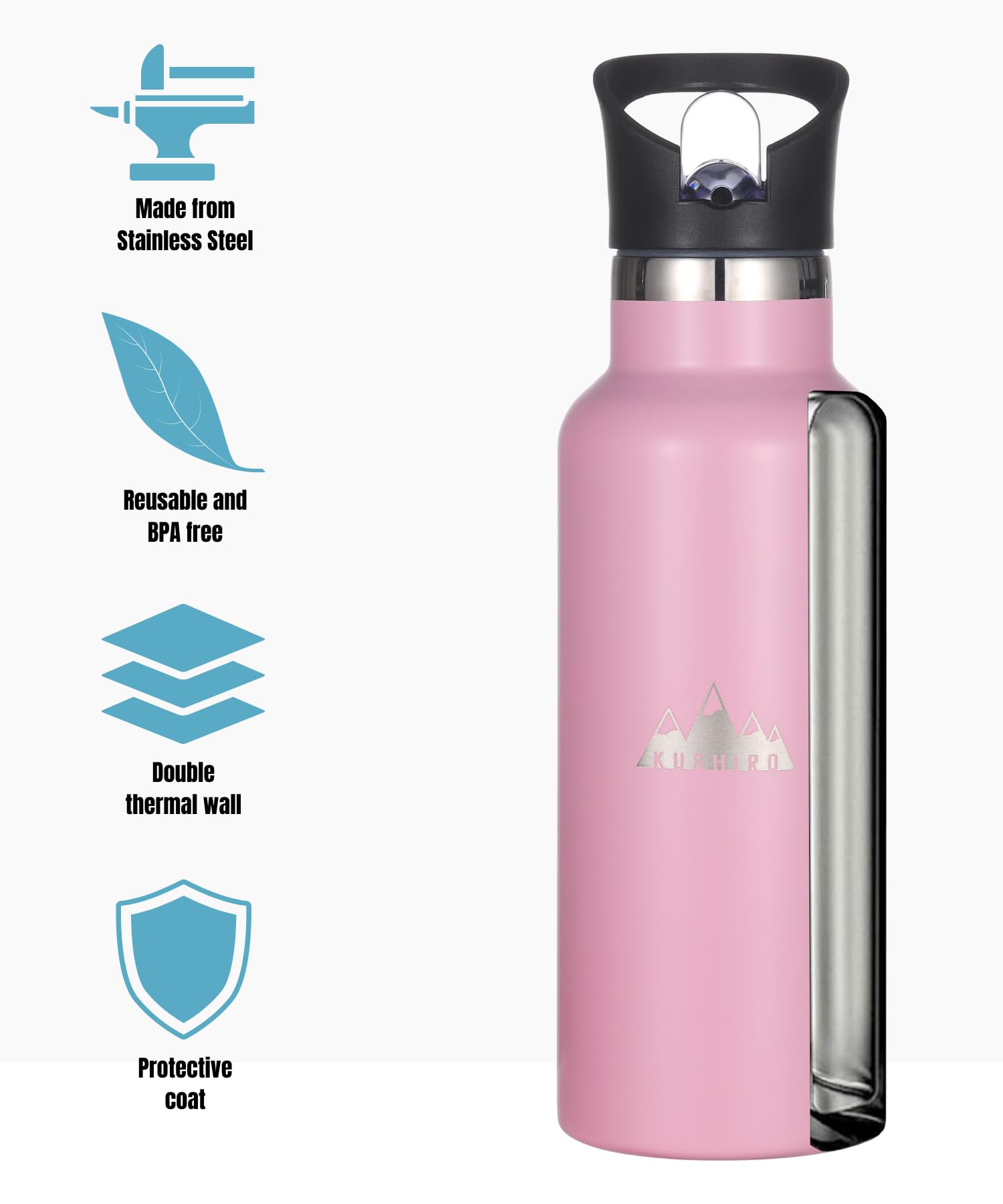 Kushiro Stainless Steel Water Bottle with Bag, Straw Lid, Reusable Vacuum Insulated Metal Drinks Flask - Image 3