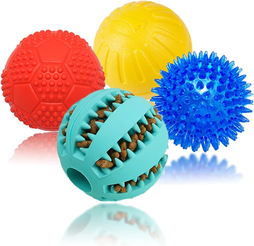 Kvaque Dog Ball Toy Bundle - Dog Puzzle Treat Ball, Floating Ball, Spiky Ball, Bounce Ball for Puppy, Small and Medium Dogs (Pack of 4)