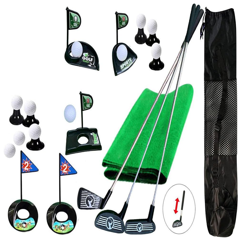 Telescopic Golf Accessories Set Metal Clubs for 2-5 Year Old Children's Entertainment Golf 5 Plastic Golf Hole Set Toys 11 Golf Ball with Large Green Cushion Storage Bag